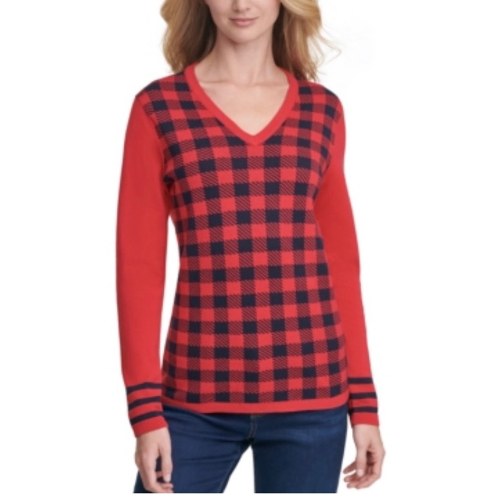 Tommy Hilfiger Women's Essential Plaid Sweater Scarlet Plaid